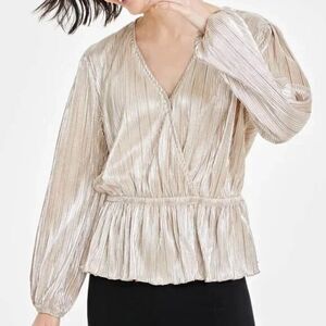 On 34th Plissé Surplice-Neck Peplum Top Women’s Large Gold Shimmer Metallic